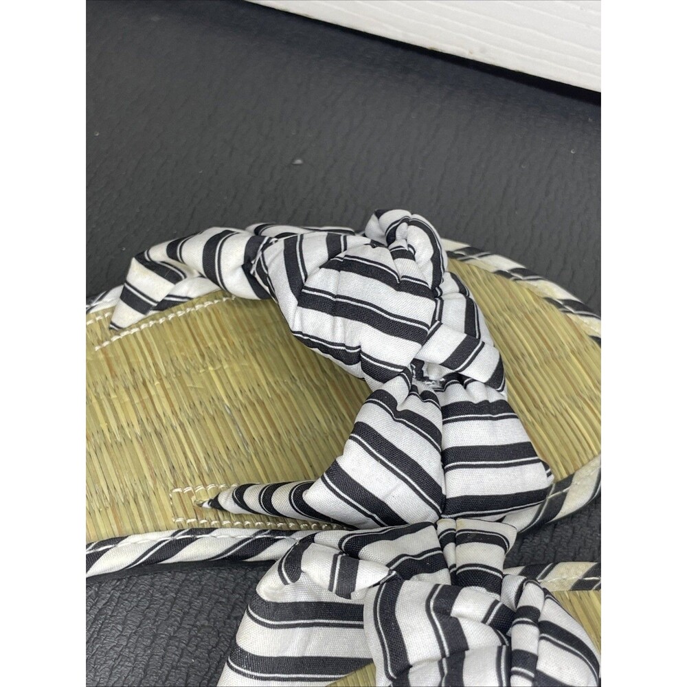 Size 7 Black And White Striped Bow Straw Slide Sandals Watermelon Embroidery - Picture 5 of 6